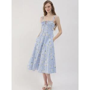 Sim & Sam Floral Milkmaid Cotton Poplin Midi Dress Womens Size Medium Blue